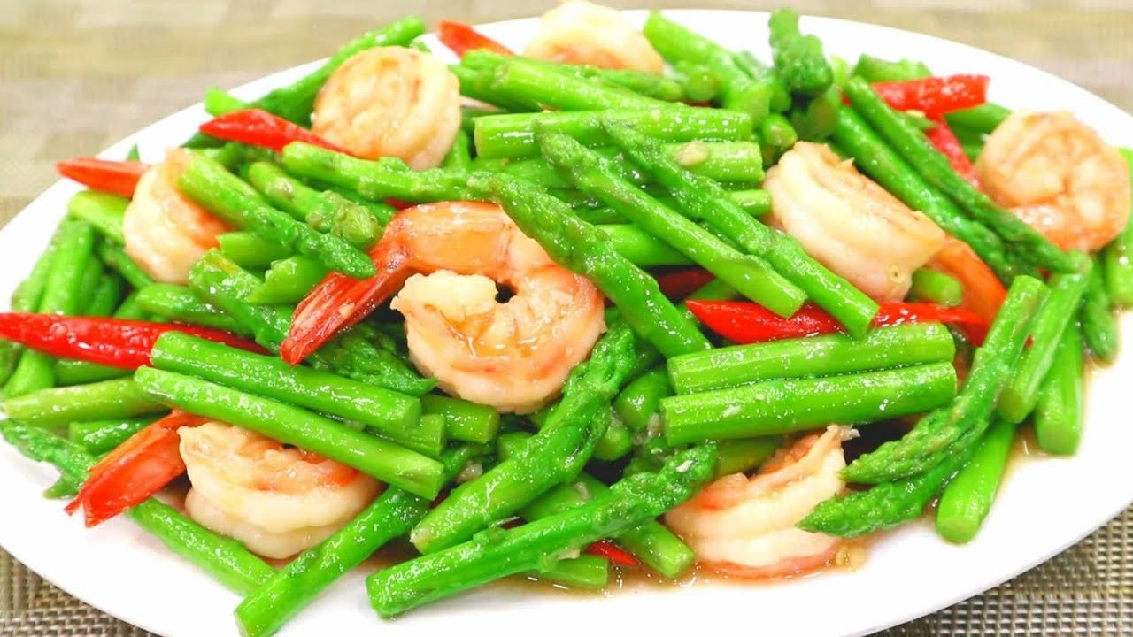 L-13 ຂົ້ວໜໍ່ໄມ້ຝຮັງໃສ່ກຸ້ງ Stir fried Asparagus Shrimp 새우야채볶음